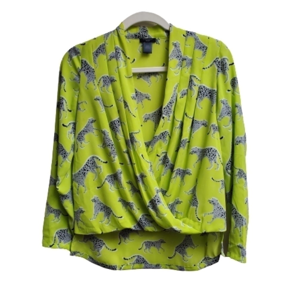 Ann Taylor Factory Neon Yellow Cheetah Print Wrap Blouse
